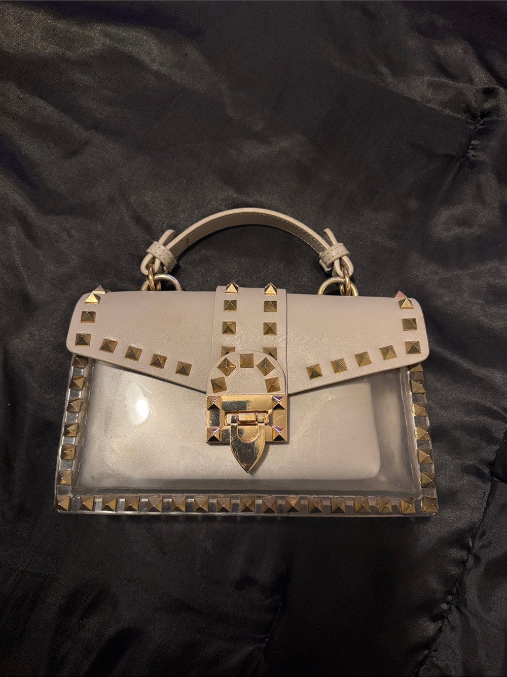 Studded Top-Handle Satchel in Light Beige with Clear Panel